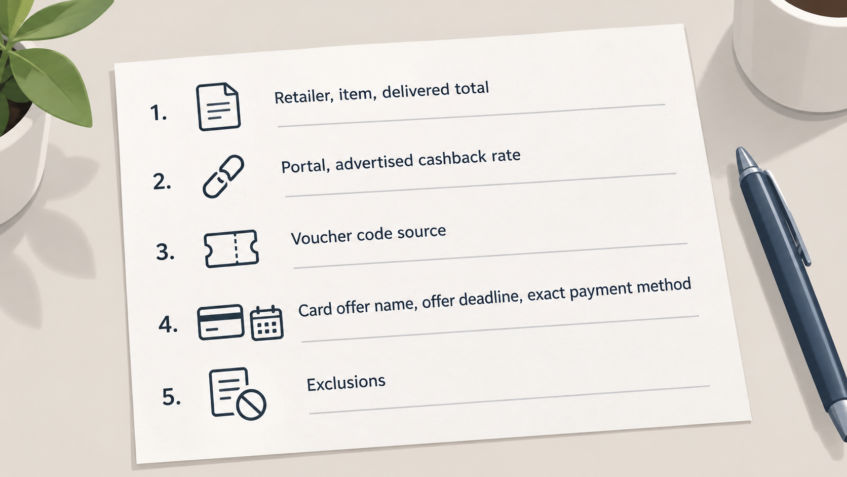 One horizontal row of five icons labelled Retailer, Item, Delivered total, Portal and Exclusions, showing fields the section says to record on an evidence card.
