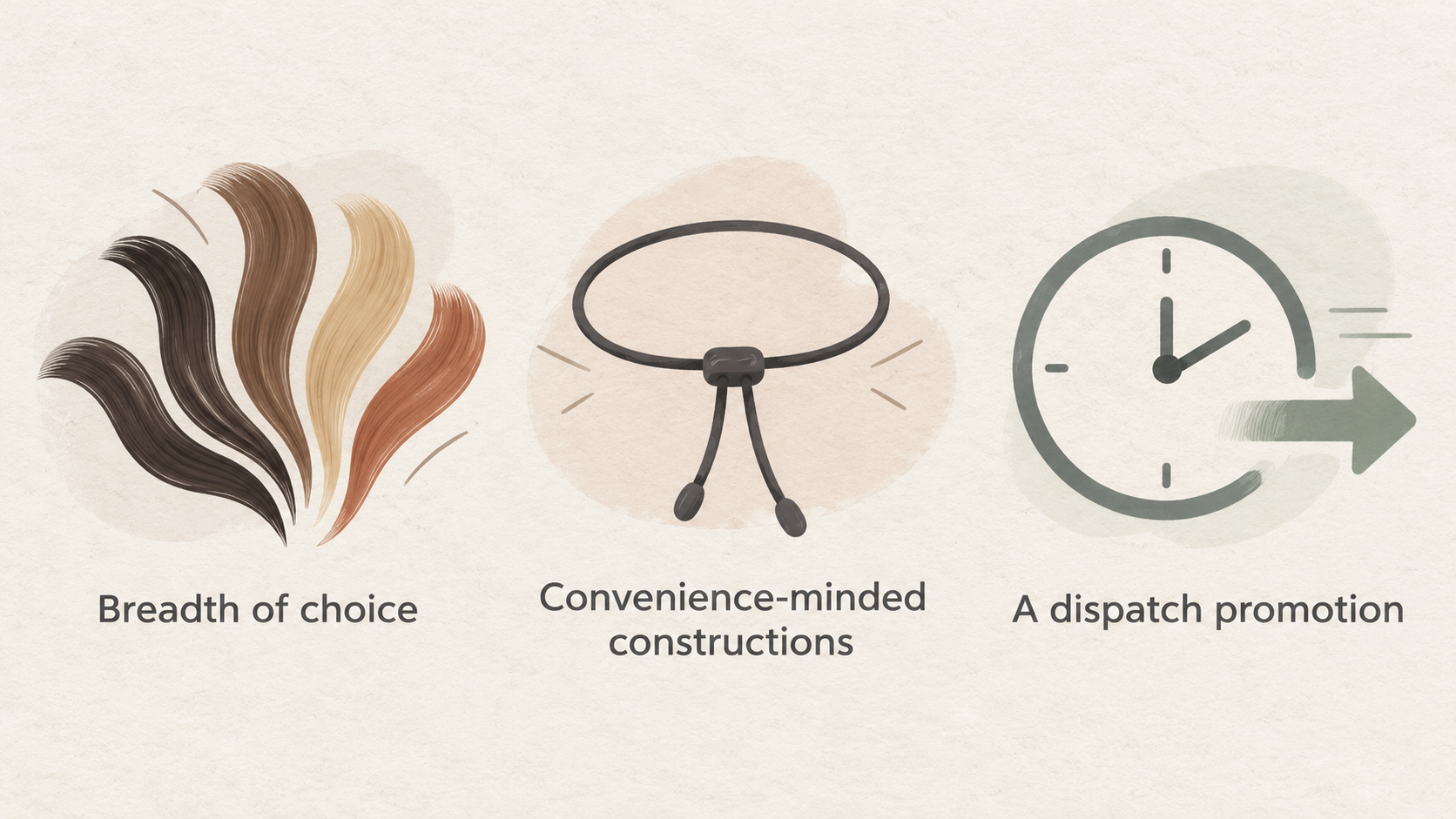 Show one row of five icons labeled “Breadth of choice,” “Convenience-minded constructions,” “International signals,” “Pay-later display,” and “Visible social proof.”