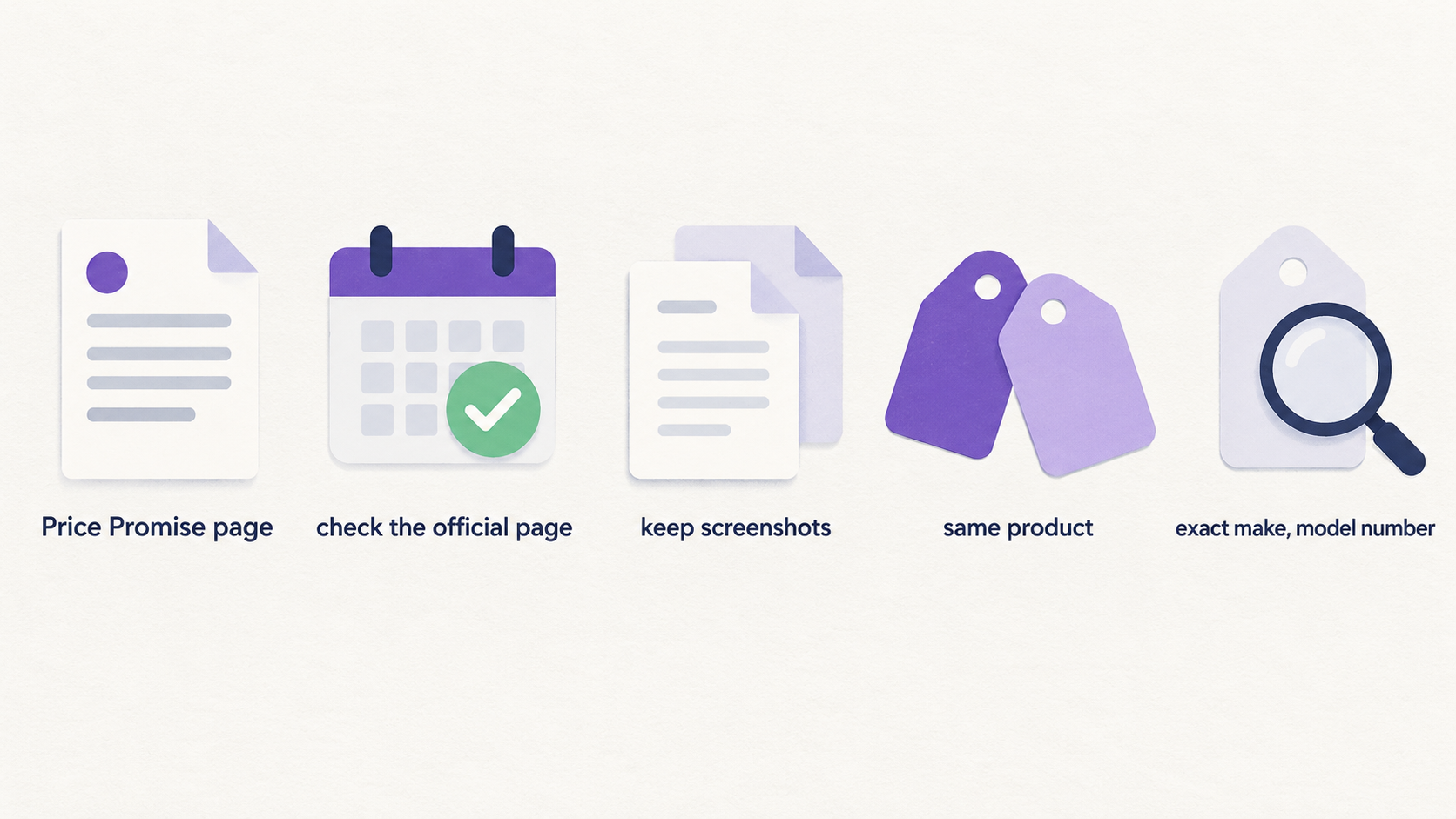One numbered five-point checklist using the section’s price-match checks: exact model code, both retailers’ availability, UK retailer and product, separate product and service