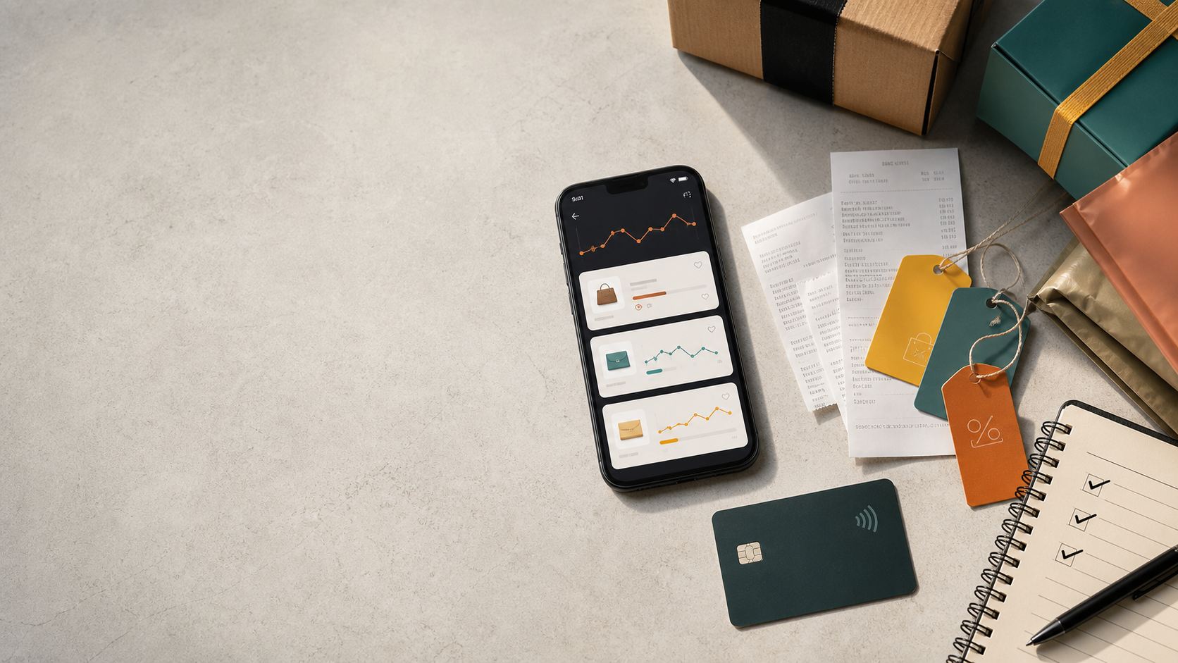 Editorial flat-lay of price tracking, receipts, and sale tags